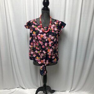 Self Esteem Top Juniors XL Navy Pink Floral Ruffle Cap Sleeve Bottom Tie Shirt